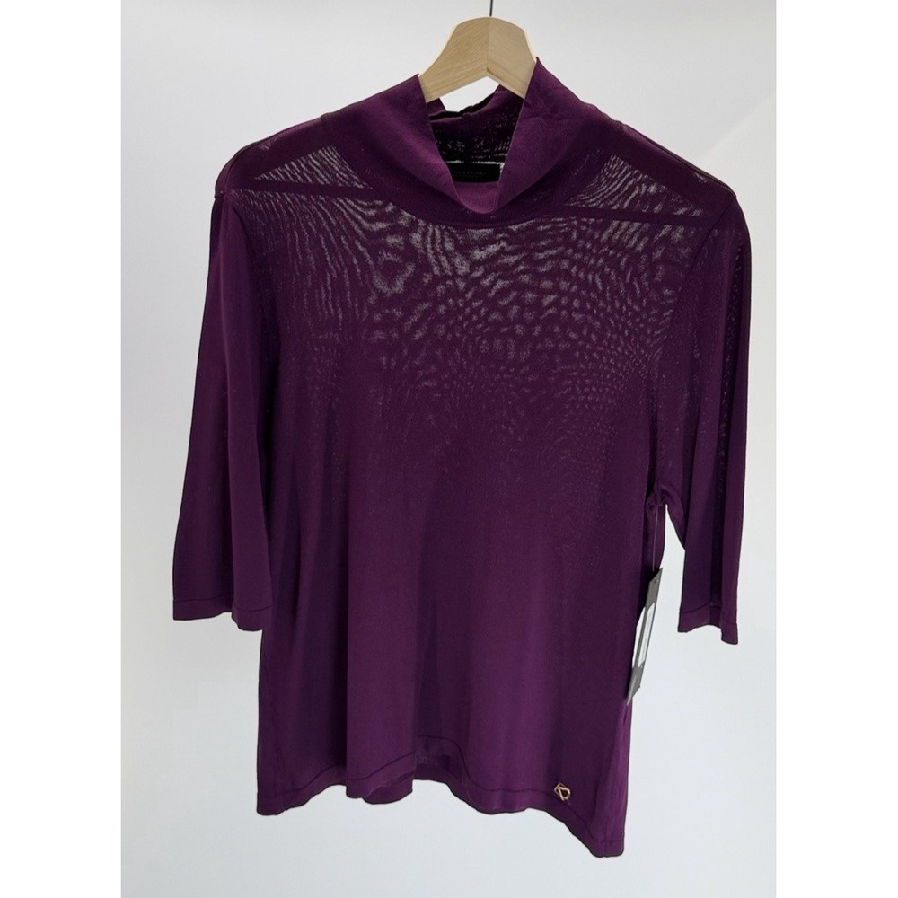 Donna Karan New York Women's Mock Neck Elbow Sleeve Purple Sheer Sweater Large L
